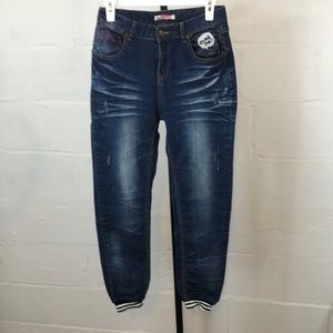 AO2 Denim Tapered Blue Jeans Size S Black White Cuffed Cartoon #d1